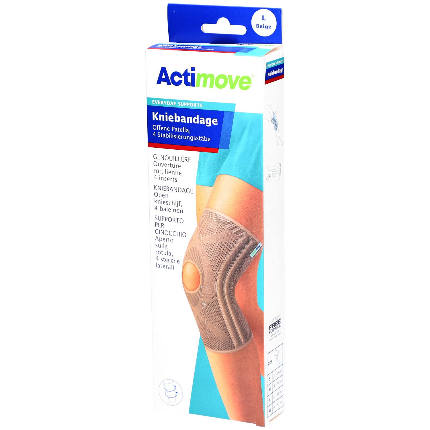 Actimove genouillère beige, rotulienne ouverte, barres de stabilisation. Présentée dans son emballage, sur une jambe.