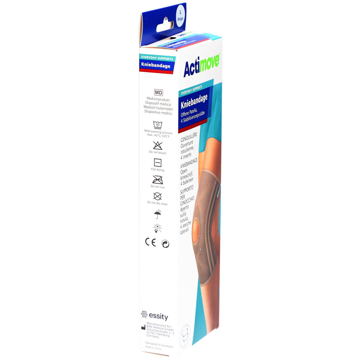 Emballage de la genouillère Actimove. Informations produit, symboles de lavage et marquage CE visibles.