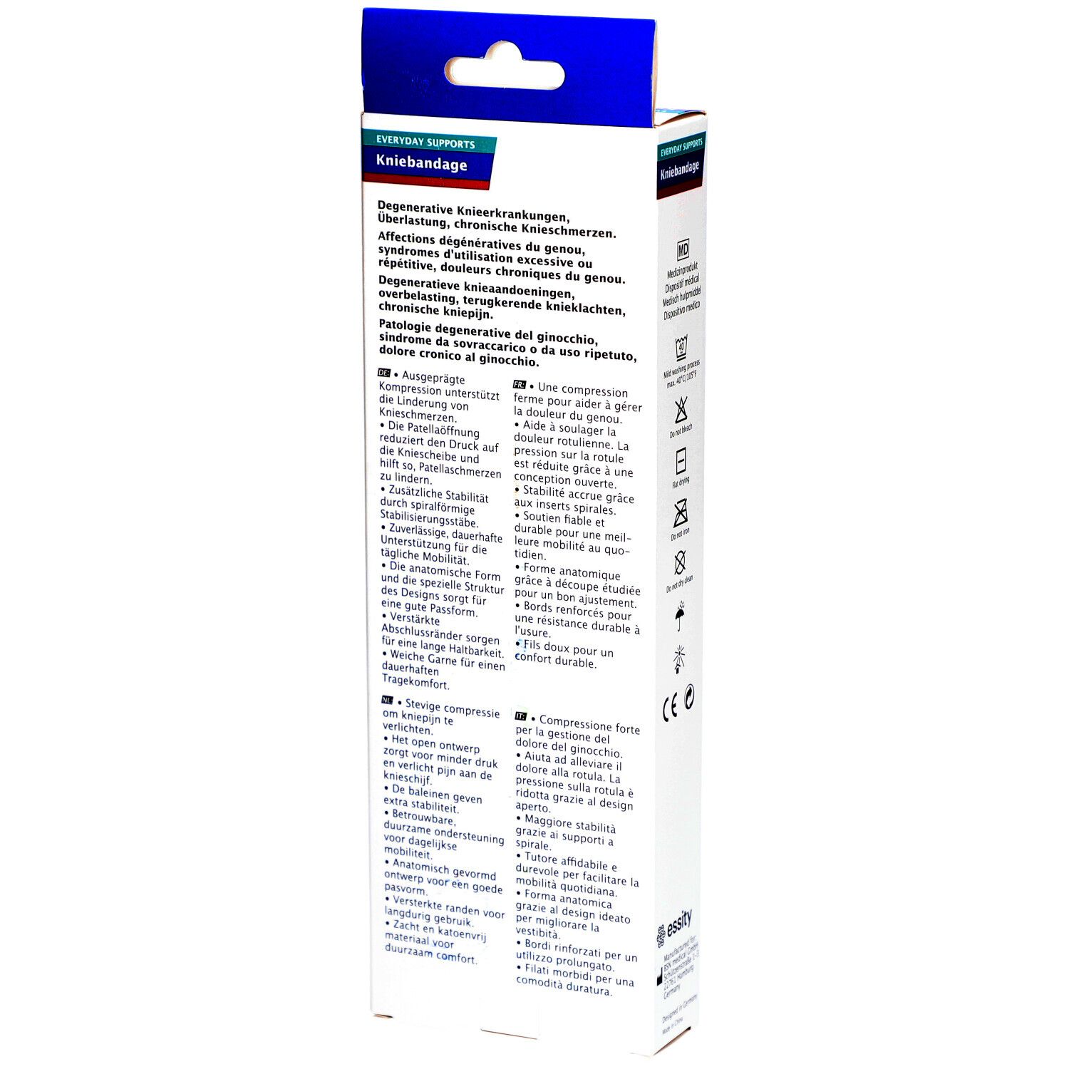 Dos de l'emballage de la genouillère Actimove. Description du produit, zones d'application et instructions de lavage.