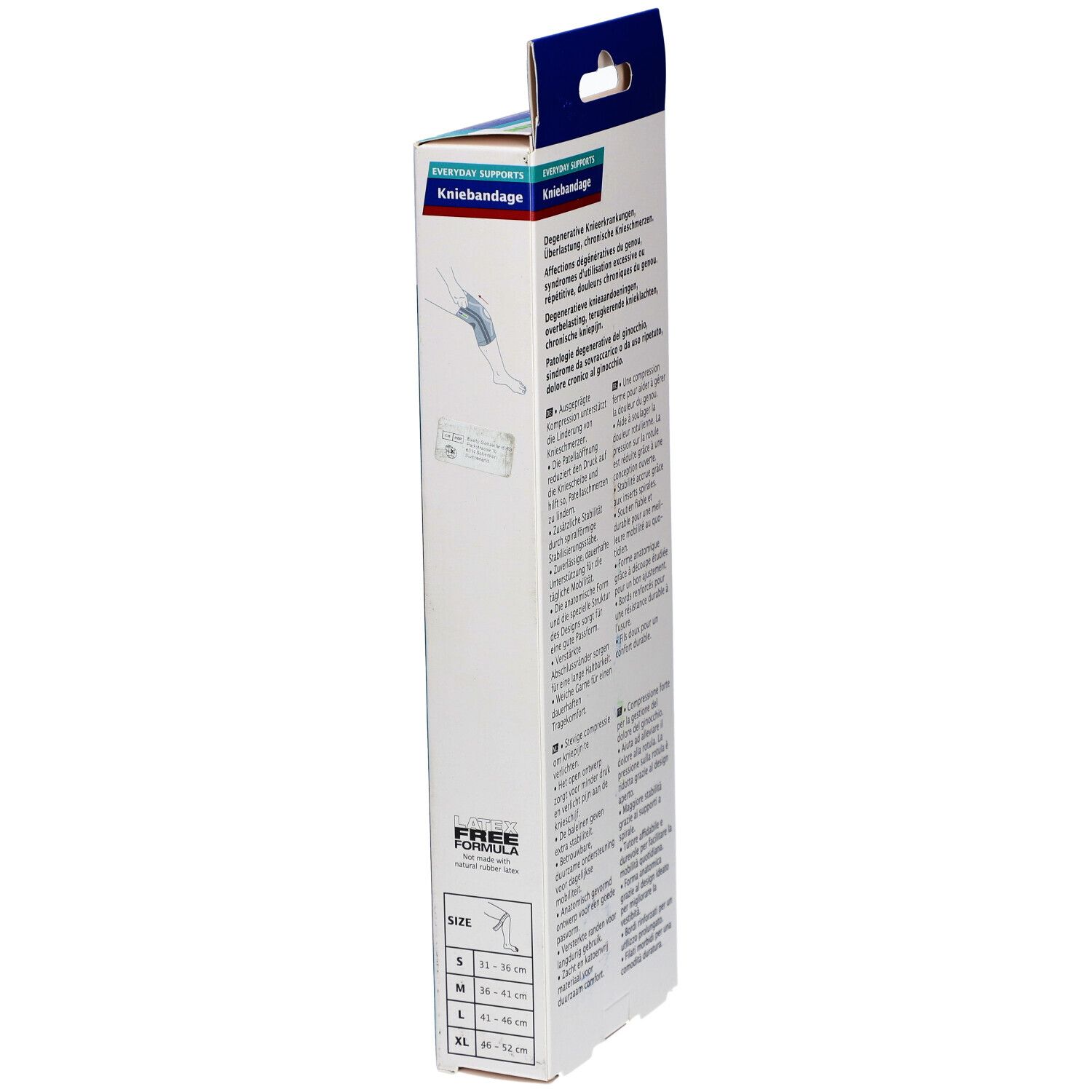 Côté de l'emballage de la genouillère Actimove. Tailles et informations produit visibles.