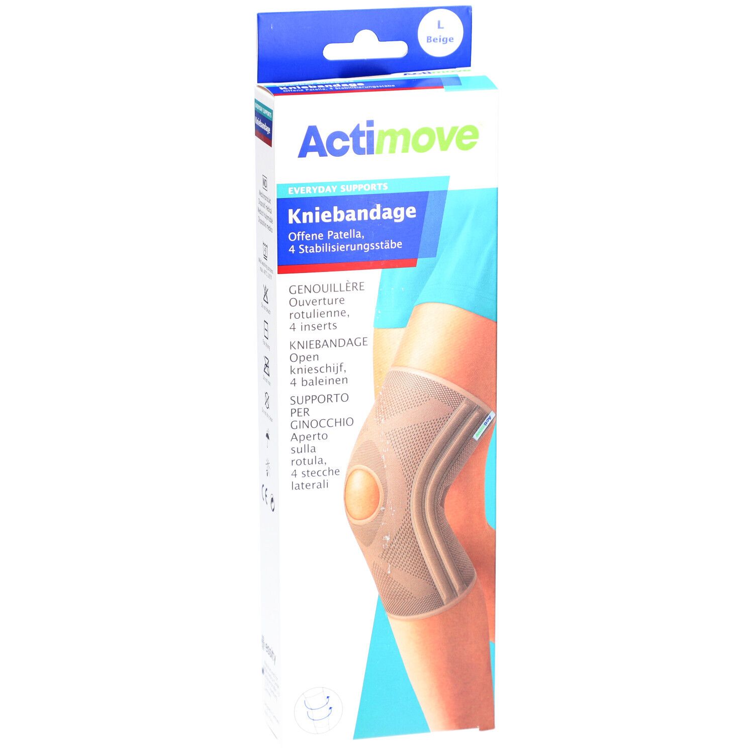 Actimove genouillère beige, rotulienne ouverte, barres de stabilisation. Portée sur une jambe, dans son emballage.