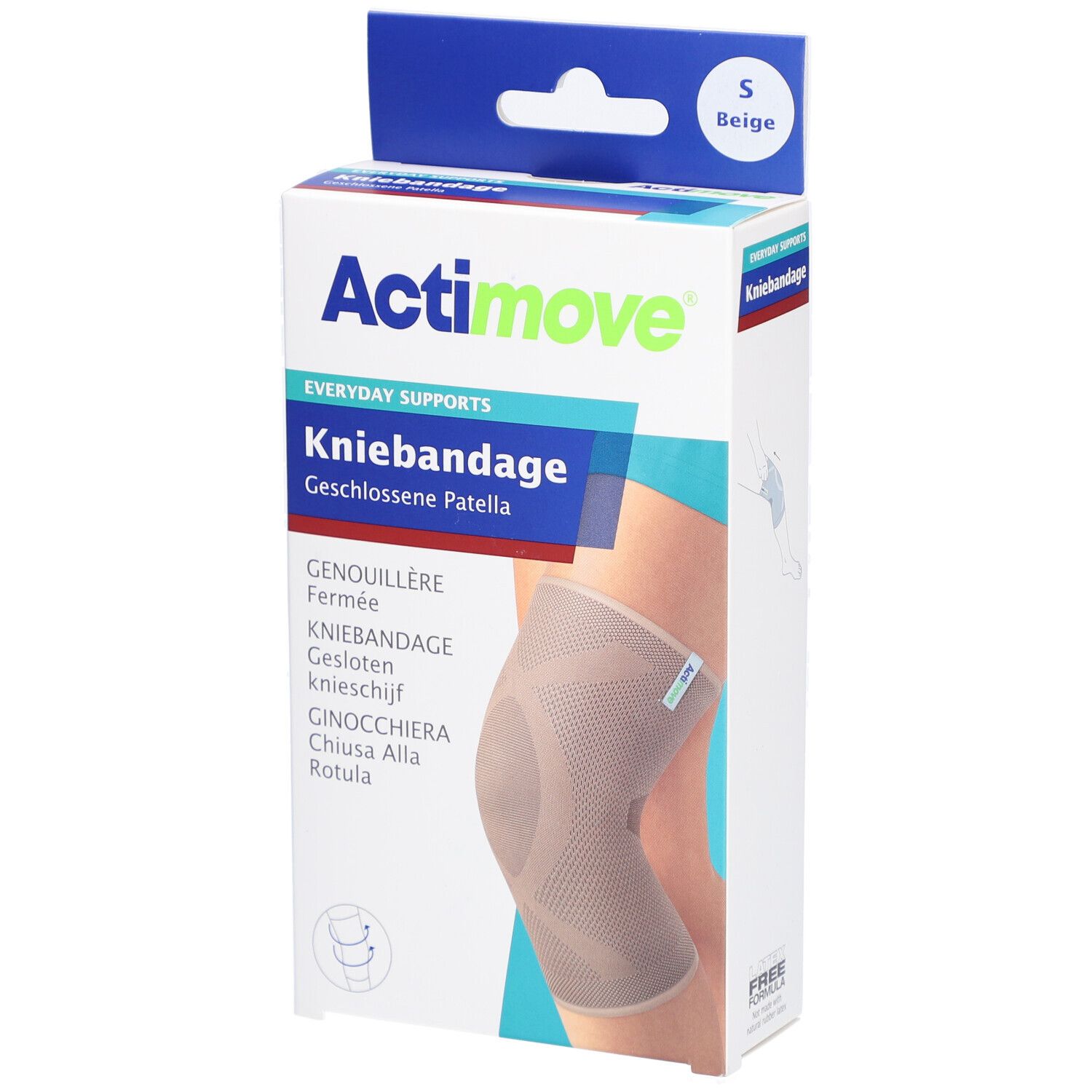 Actimove Kniebandage, Größe S, in Verpackung. Beige Bandage am Bein abgebildet. Produktname und Größe deutlich sichtbar.
