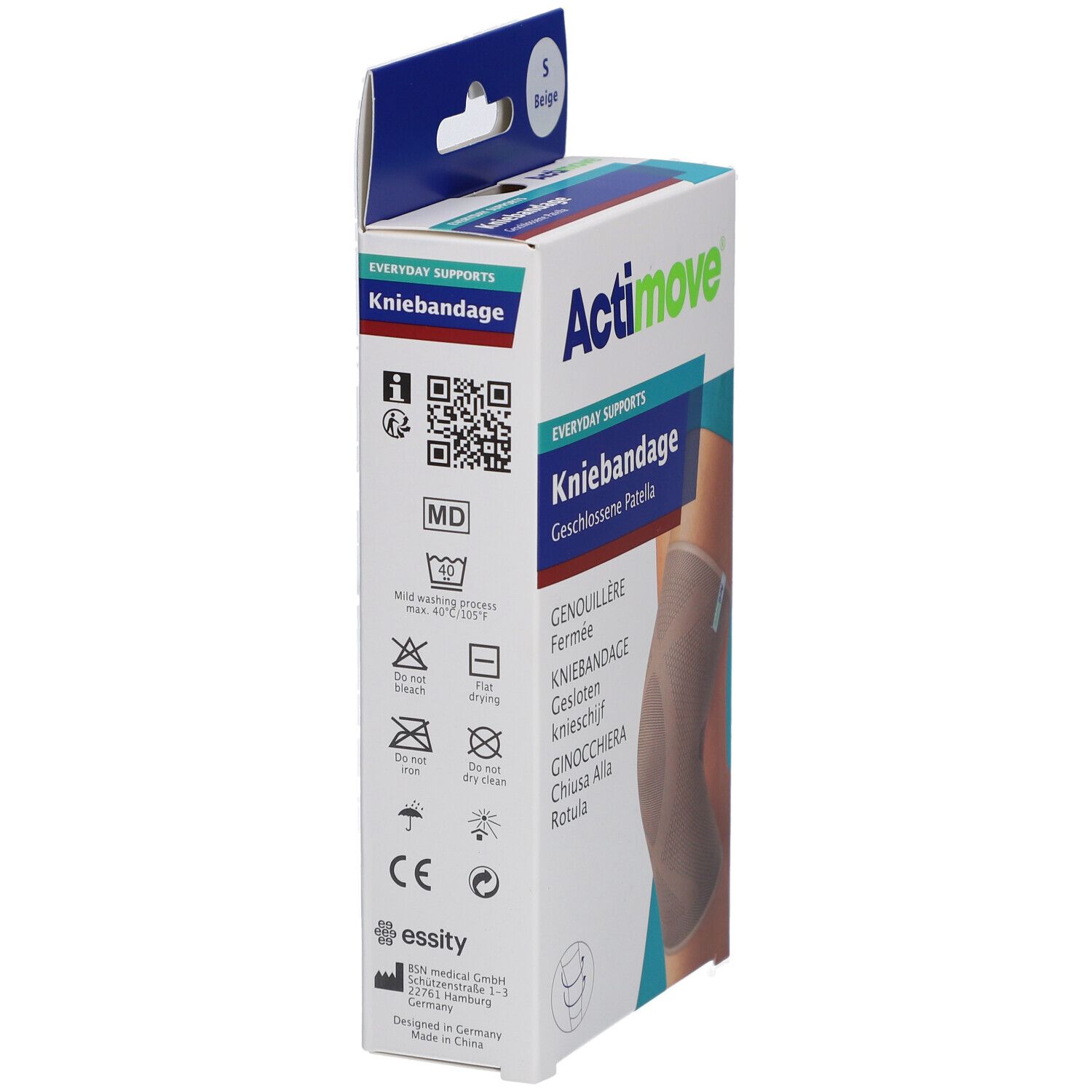 Verpackung der Actimove Kniebandage. Produktname, Größe S und Waschsymbole. Herstellerinformationen und CE-Zeichen.