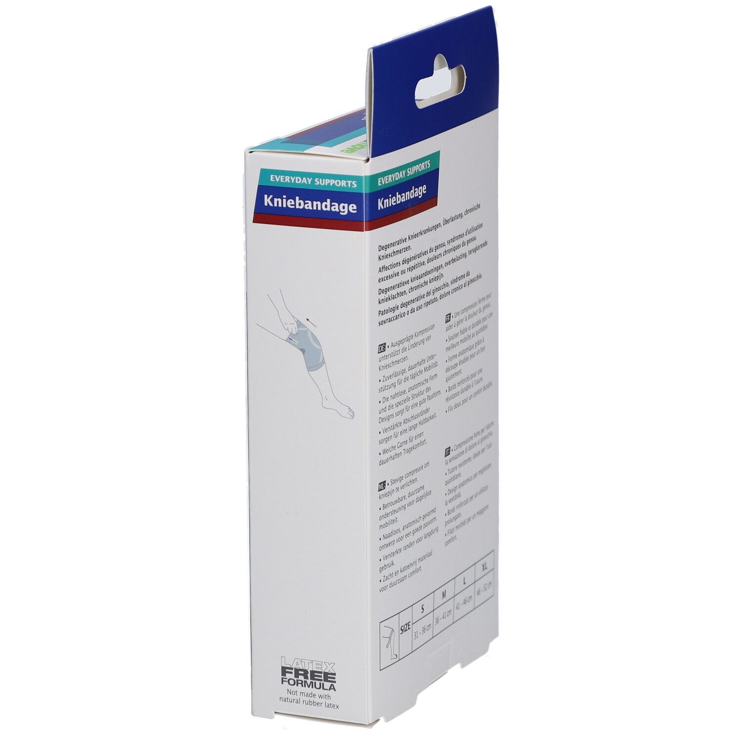 Seitenansicht der Actimove Kniebandage Verpackung. Produktname und Größenangaben. Illustration einer Kniebandage.