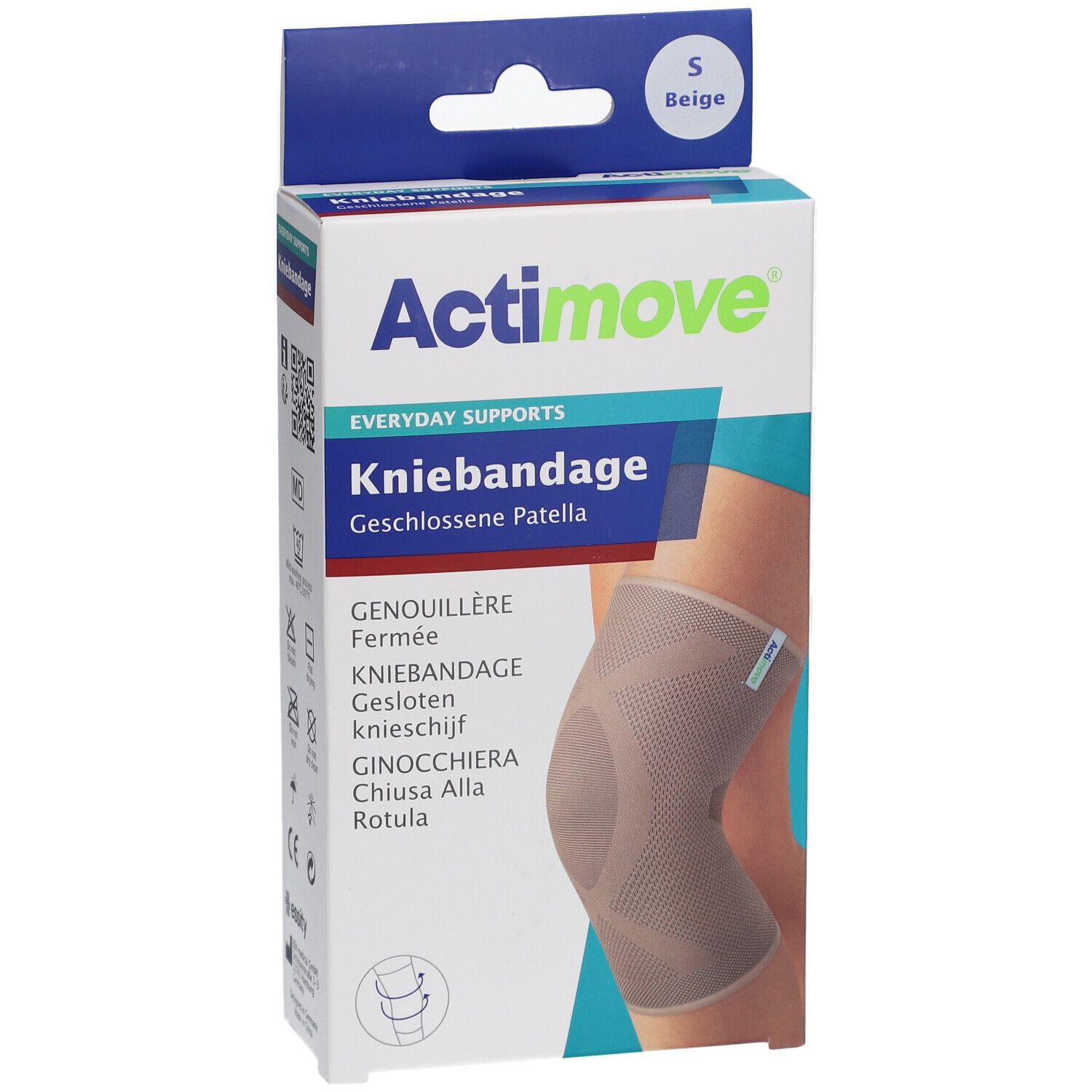 Actimove Kniebandage, Größe S, in Verpackung. Beige Bandage am Bein abgebildet. Produktname und Größe deutlich sichtbar.