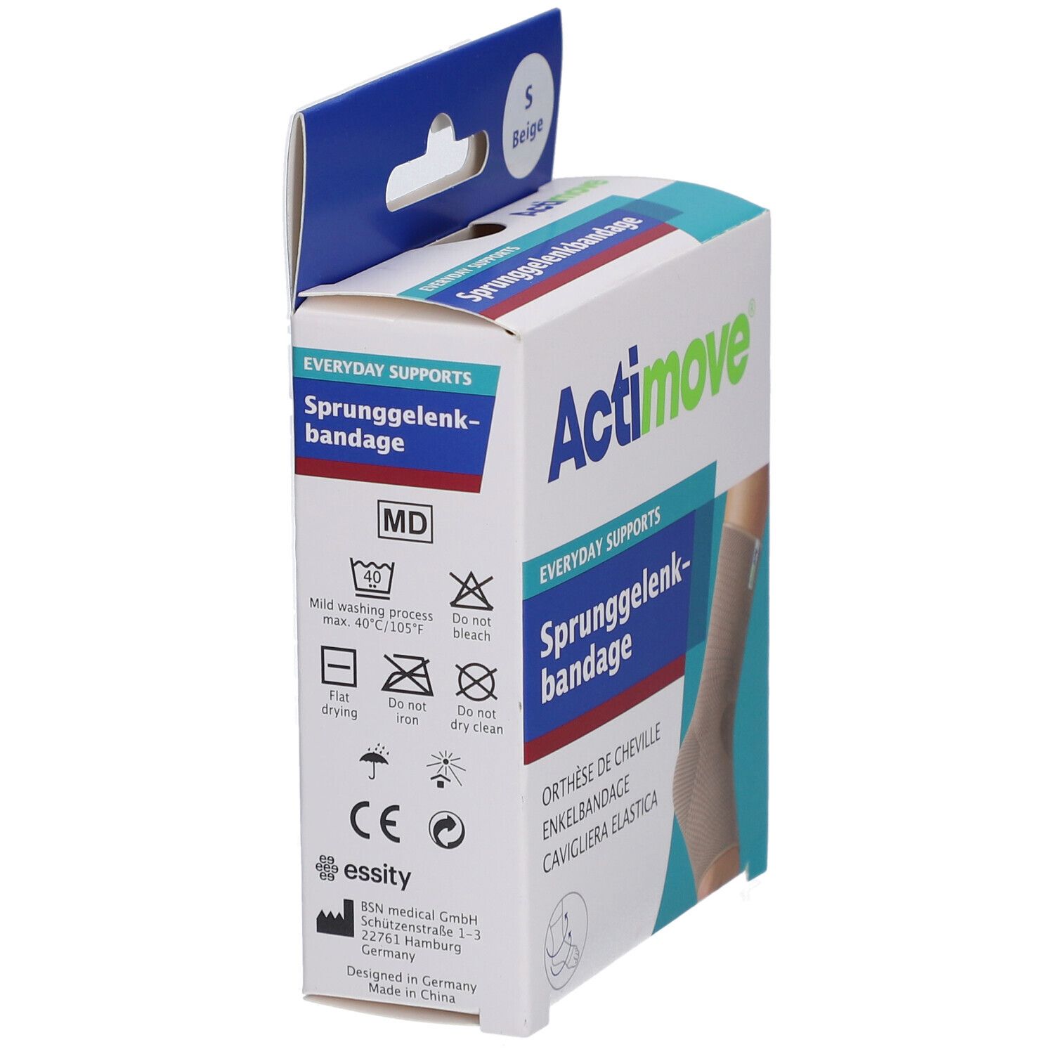 Verpackung der Actimove Sprunggelenkbandage. Enthält Produktinformationen und Waschsymbole. Größe MD.