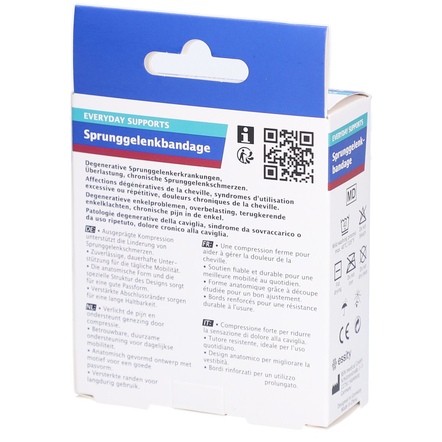 Rückseite der Actimove Sprunggelenkbandage Verpackung. Enthält Produktinformationen und QR-Code.