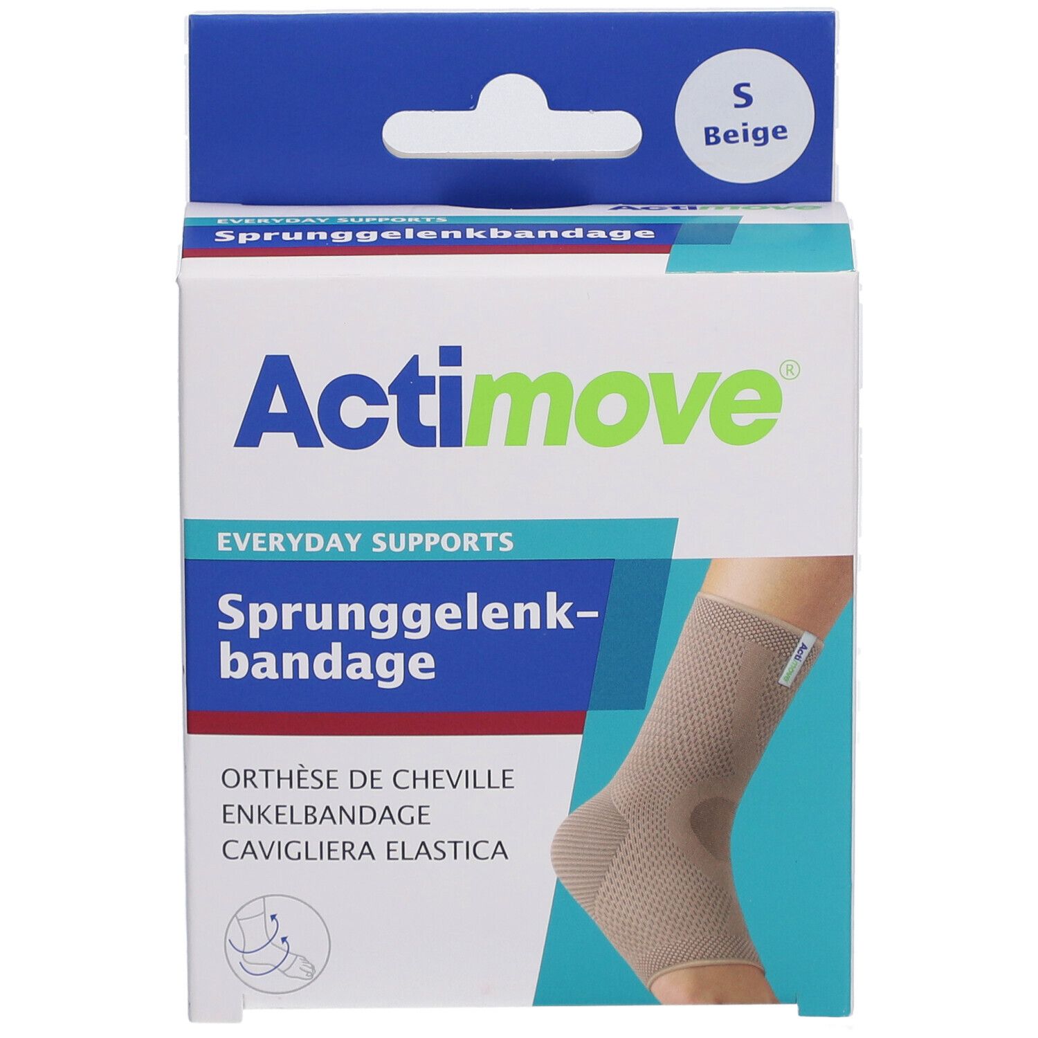 Actimove Sprunggelenkbandage Verpackung. Beige, Größe S. Zeigt Bandage am Bein.