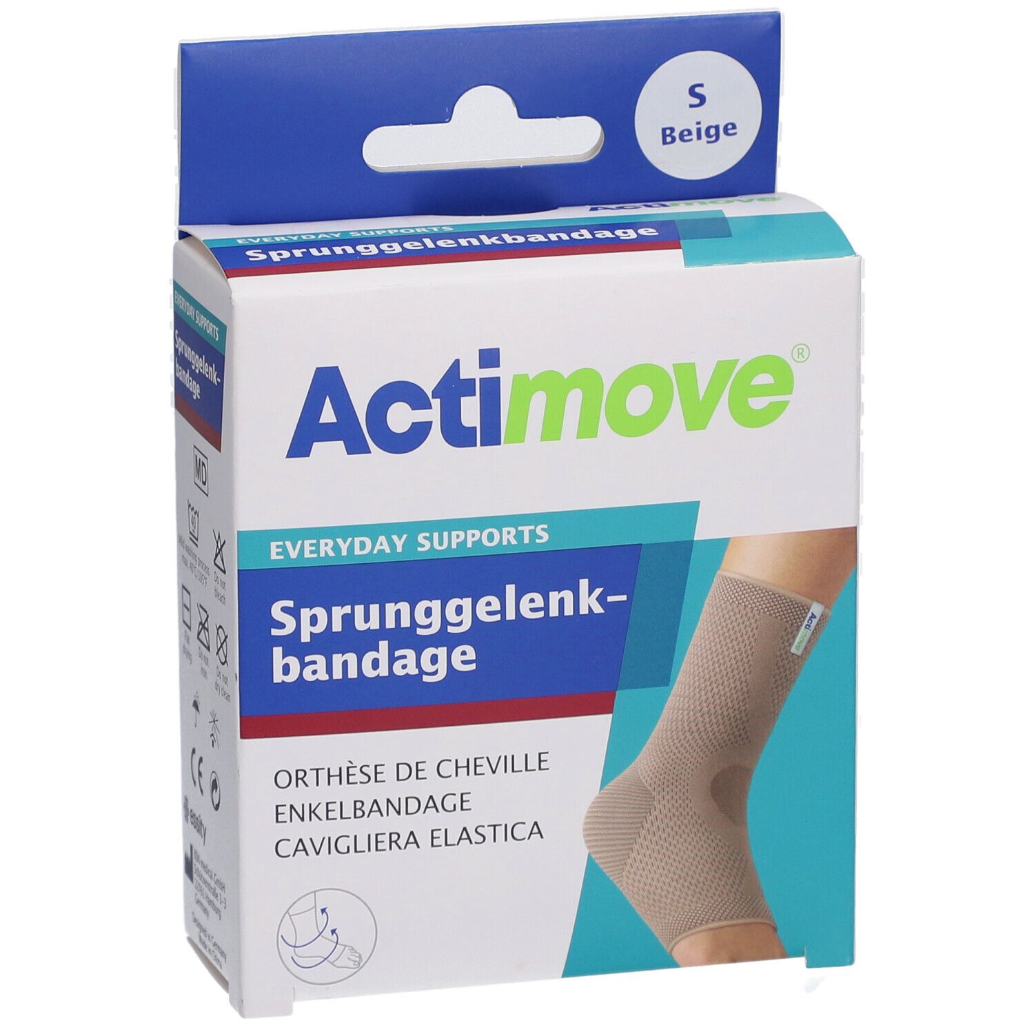 Actimove Sprunggelenkbandage Verpackung. Beige, Größe S. Zeigt Bandage am Bein.