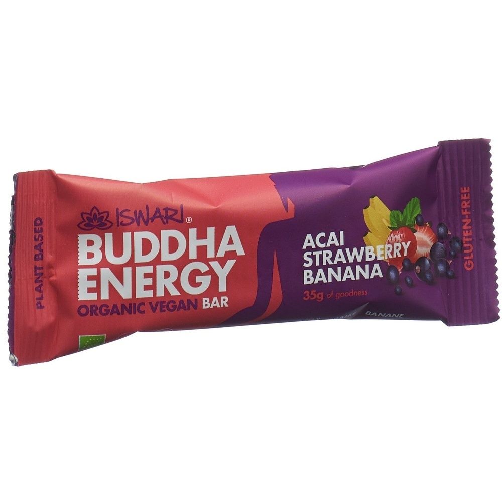 Emballage de barre "ISWARI Buddha Energy". Saveurs : Acai, fraise, banane. Sans gluten. Vegan.