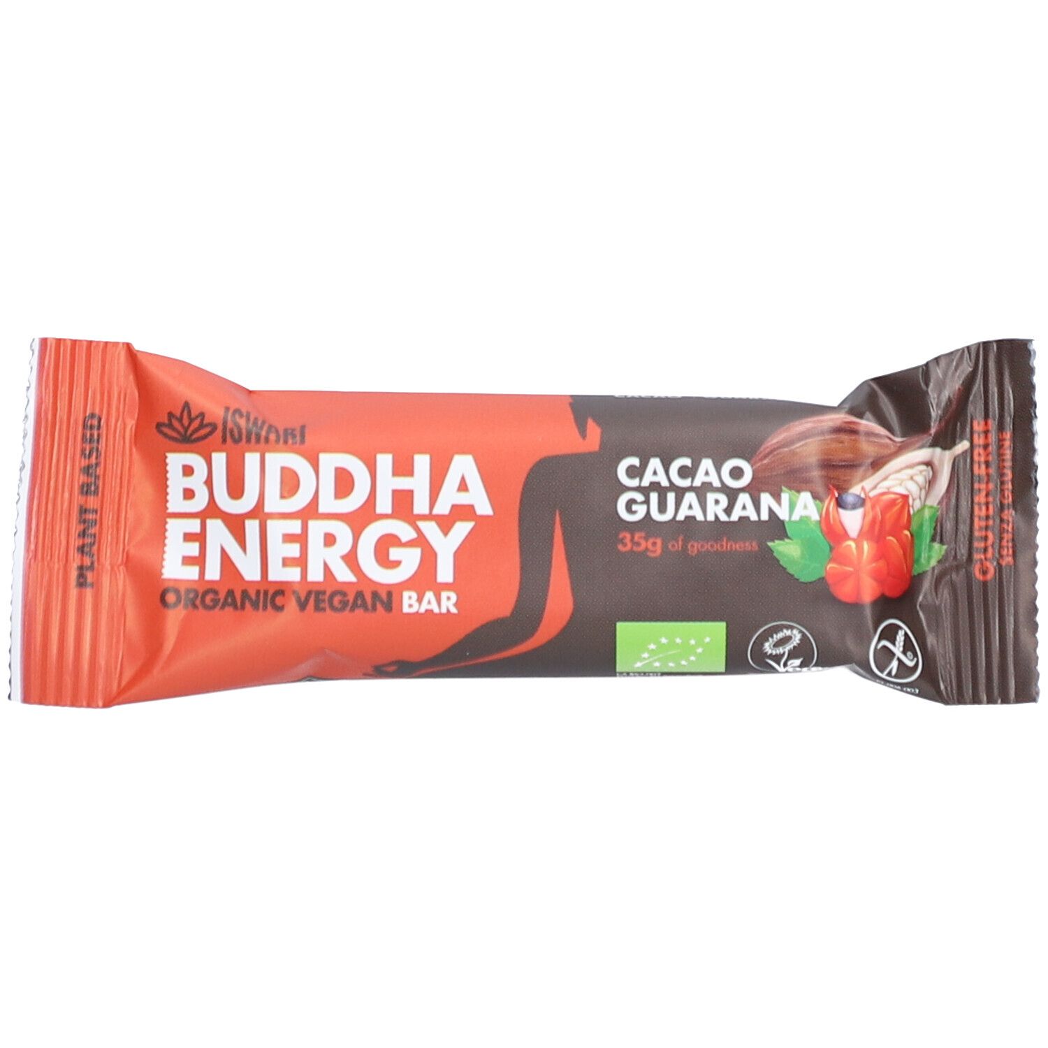 Riegelverpackung mit Aufschrift "Buddha Energy". Orange-braune Farbe. "Cacao Guarana" und Logo.