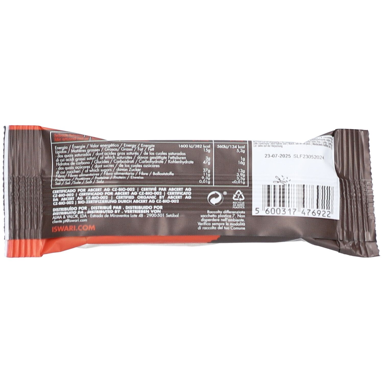 Rückseite der Riegelverpackung. Enthält Nährwertangaben und Barcode. Braune und weiße Farben.