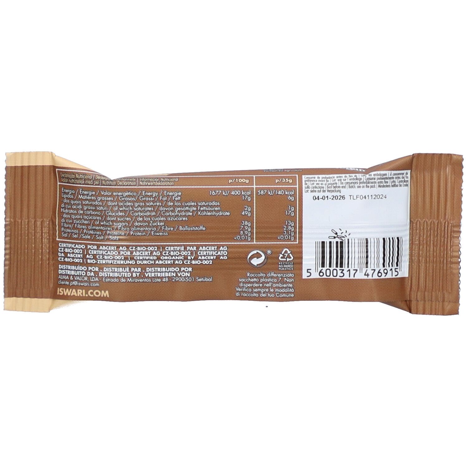Rückseite der Riegelverpackung mit Nährwertangaben, Barcode und Haltbarkeitsdatum. Braune Farbe.