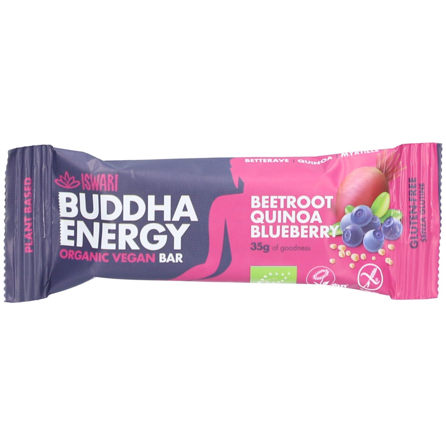 Barre énergétique ISWARI emballée. Emballage violet-rose avec nom et ingrédients. Label sans gluten.
