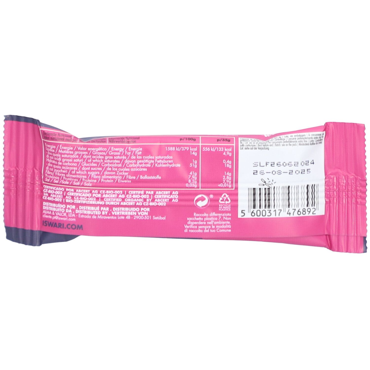 Dos de l'emballage de la barre énergétique ISWARI. Fond rose avec texte, informations nutritionnelles et code-barres.