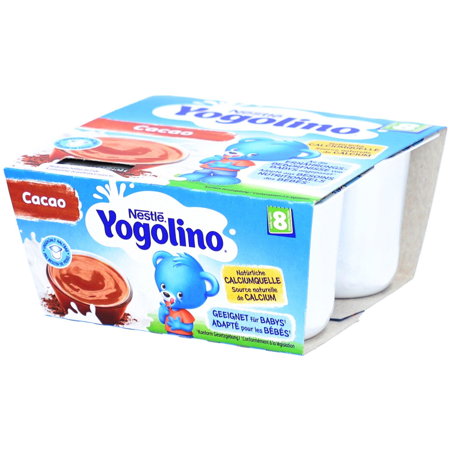 Nestlé Yogolino Cacao, 4 pots en carton. Convient aux bébés dès 8 mois. Contient du calcium.