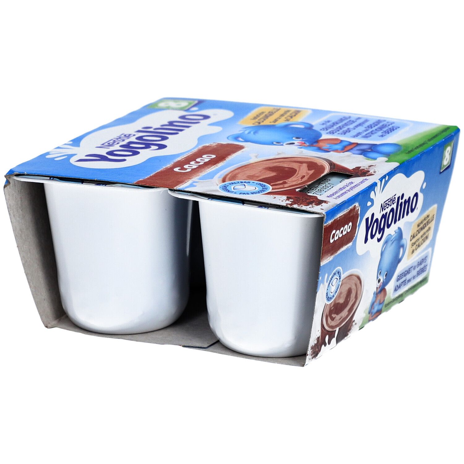 Nestlé Yogolino Cacao, 2 pots en carton. Convient aux bébés dès 8 mois. Avec image de cacao.