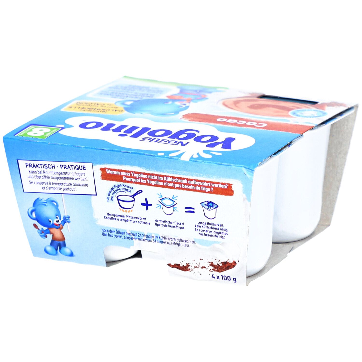 Nestlé Yogolino Cacao, 4 pots en carton. Dos avec instructions de préparation. Convient dès 8 mois.