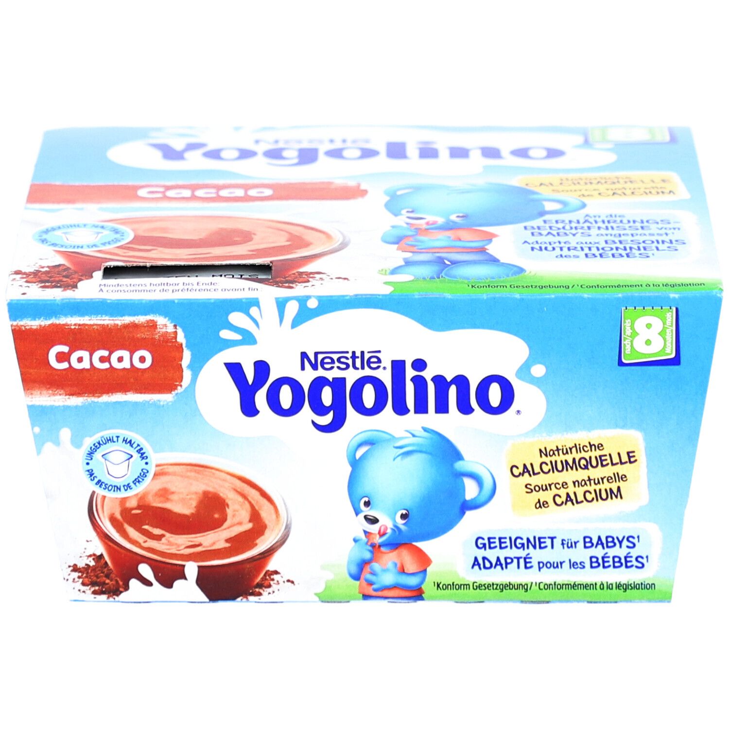Nestlé Yogolino Cacao, 4 pots en carton. Convient aux bébés dès 8 mois. Avec image de cacao.