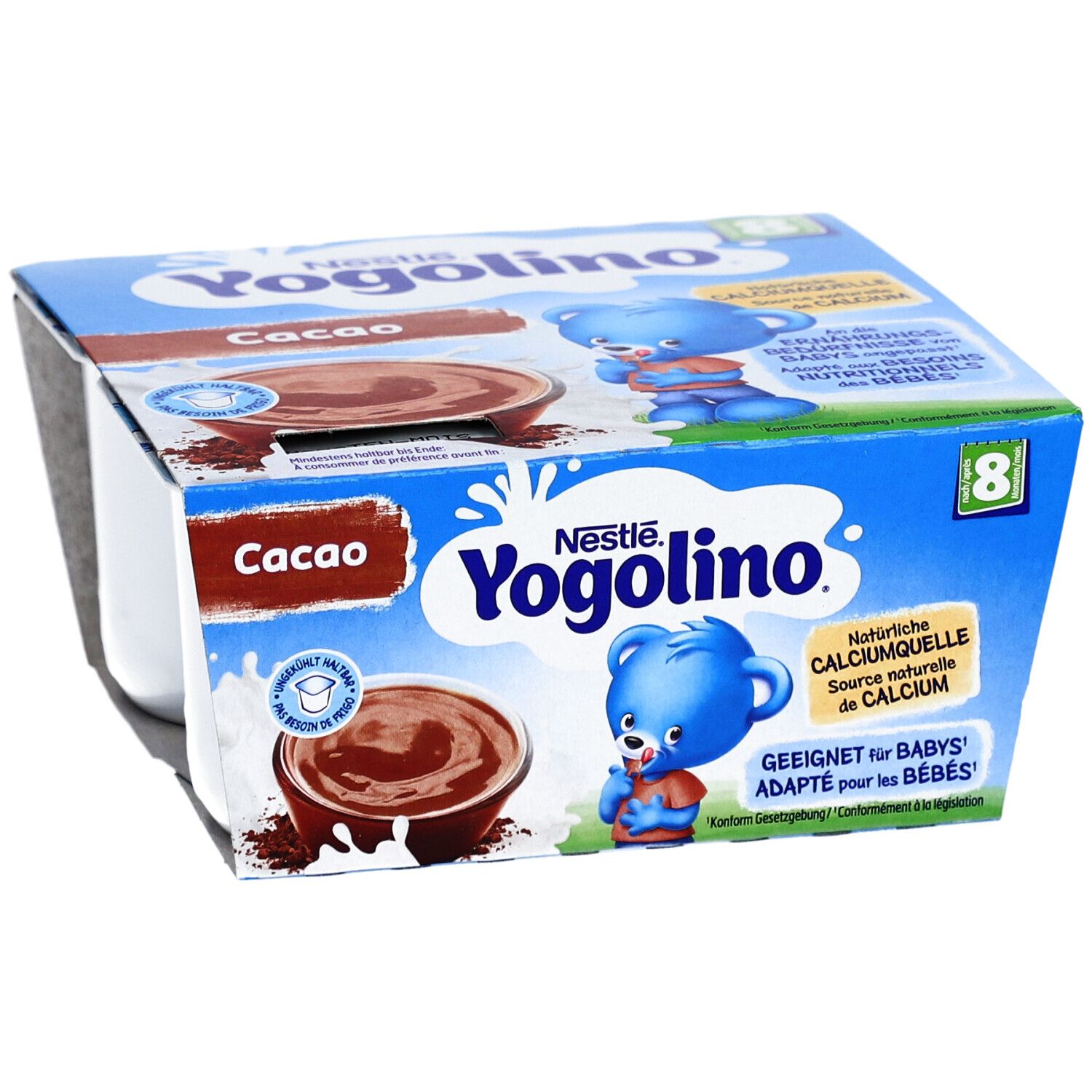 Nestlé Yogolino Cacao, 4 pots en carton. Convient aux bébés dès 8 mois. Avec image de cacao.
