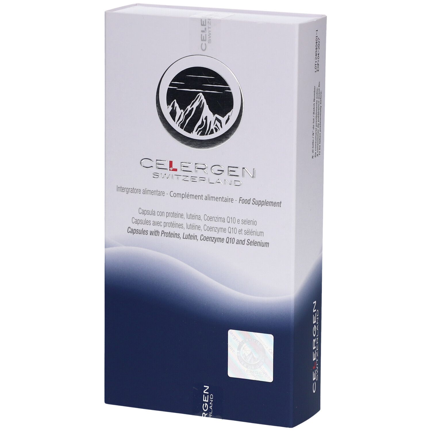 Boîte blanche avec logo CELERGEN Switzerland et informations produit. Contient des gélules aux peptides marins.