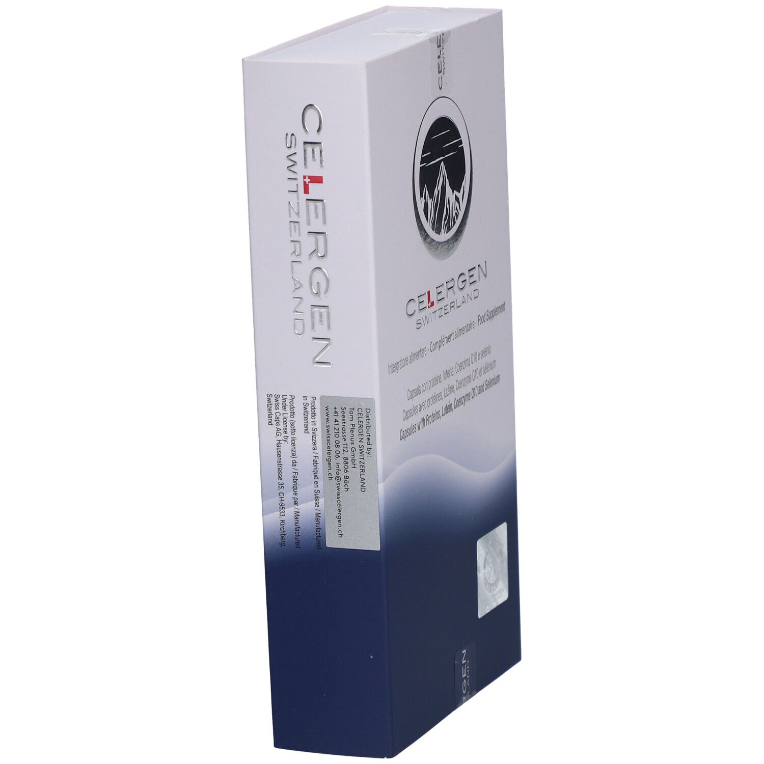 Boîte avec logo CELERGEN Switzerland. Couleurs bleu et blanc. Contient des informations produit et un hologramme.