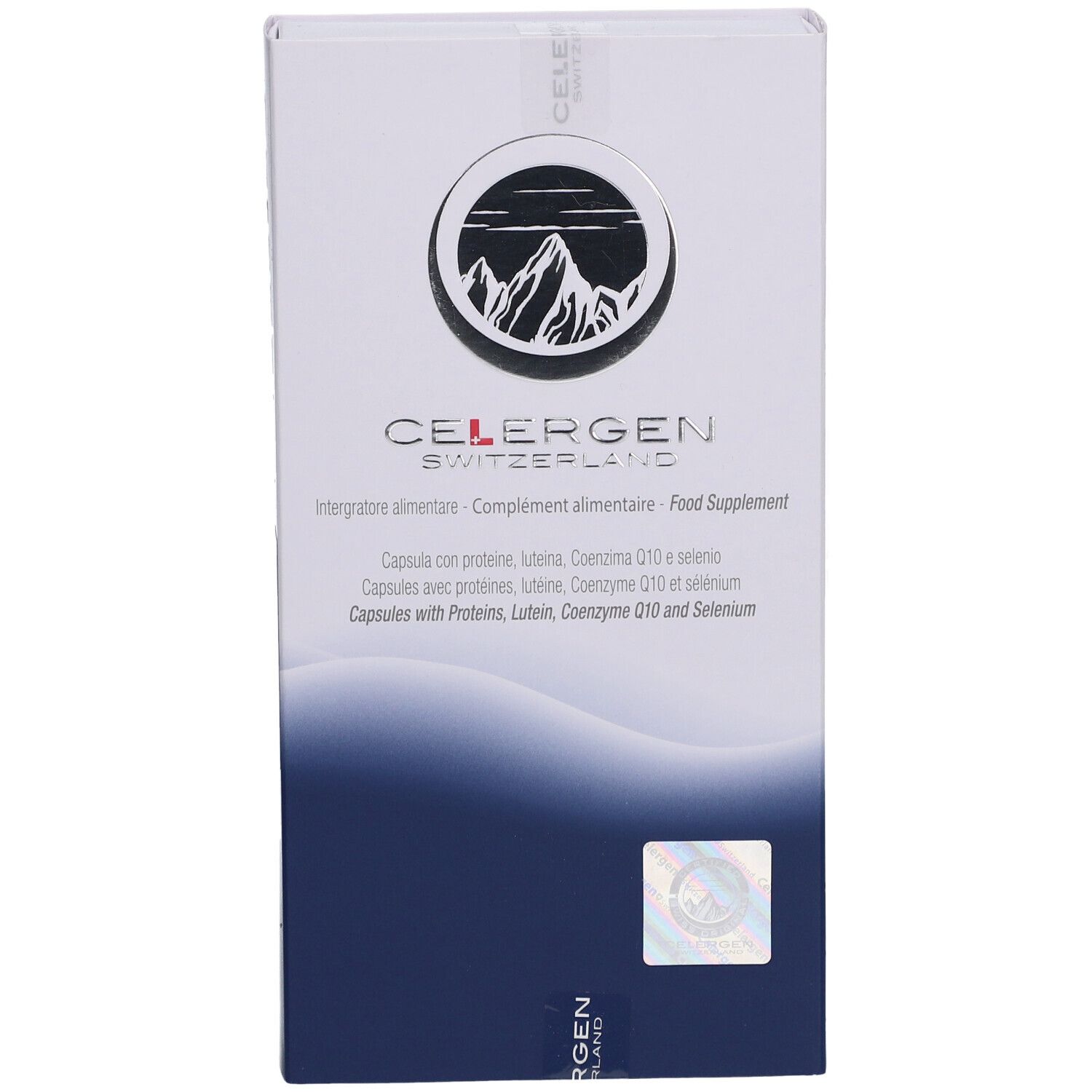 Boîte blanche avec logo CELERGEN Switzerland et informations produit. Contient des gélules aux peptides marins.