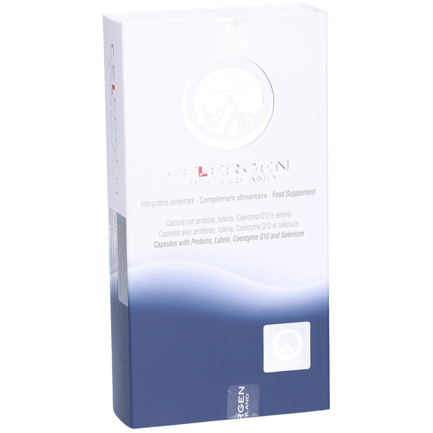 Boîte blanche avec logo CELERGEN Switzerland et informations produit. Contient des gélules aux peptides marins.