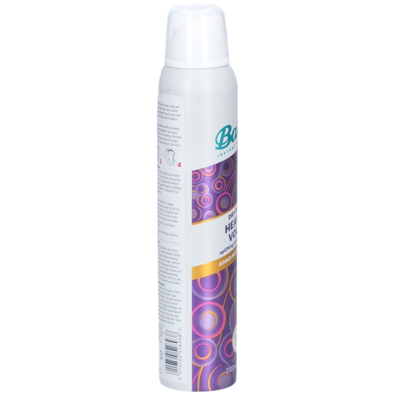 Batiste Trockenshampoo, Dose seitlich. Text: Heavenly Volume, Dry Shampoo. Mit Sprühkopf. Aufdruck mit Anwendungshinweisen.