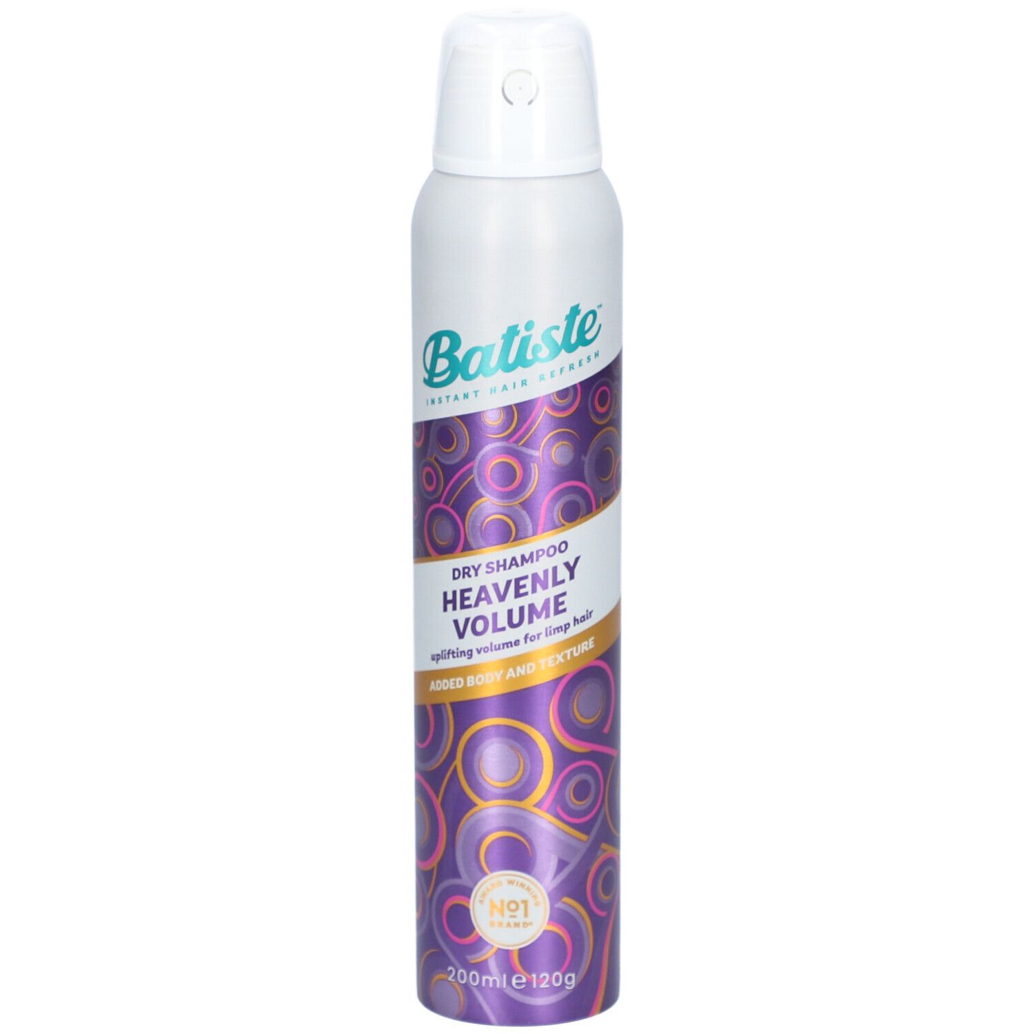Batiste Trockenshampoo, weiß-lila Dose. Text: Heavenly Volume, Dry Shampoo. Mit Sprühkopf. Inhalt: 200ml/120g.