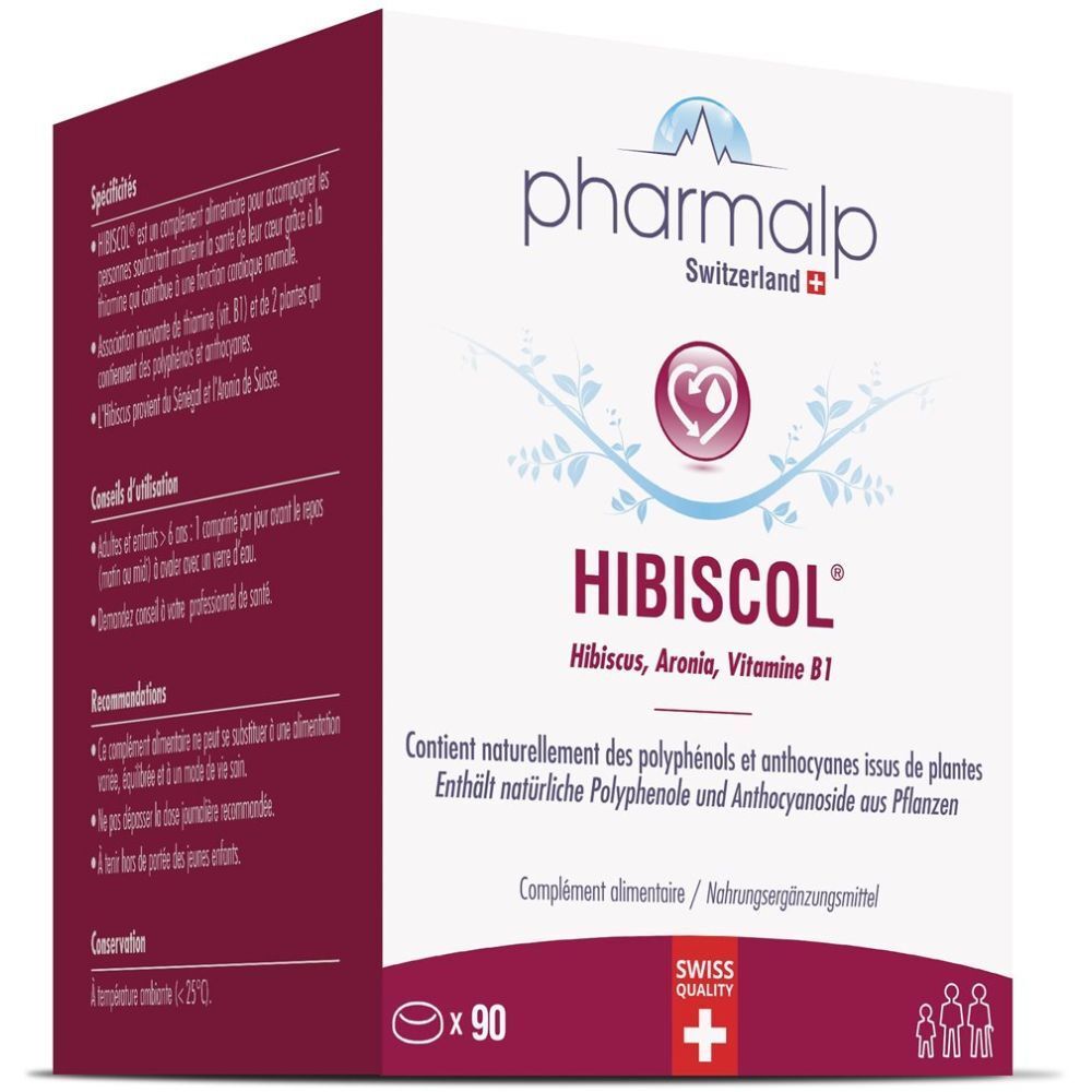 Boîte blanche et rouge avec logo "pharmalp" et inscription "HIBISCOL". Contient 90 comprimés. Label de qualité suisse.