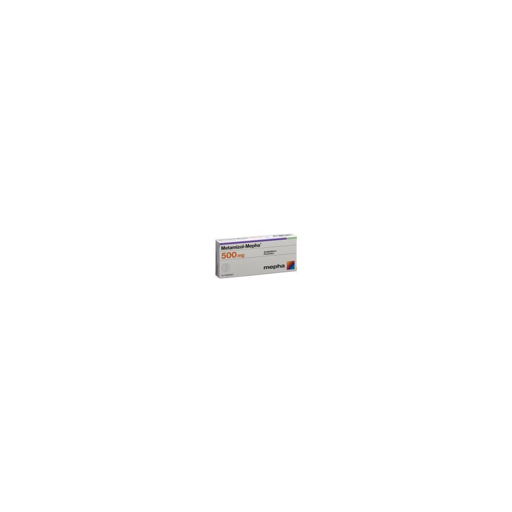 Packung mit Tabletten. Aufschrift: Metamizol Mepha 500 mg. Marke: mepha.