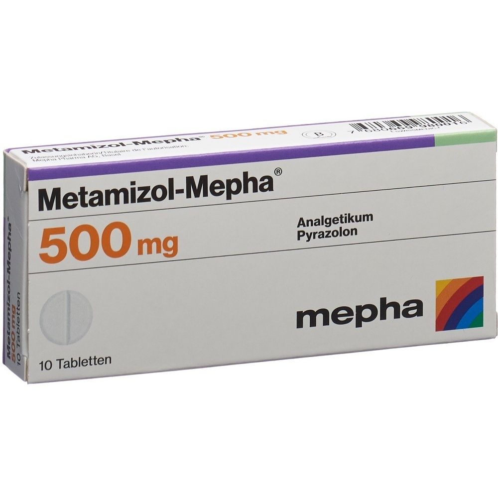 Schachtel mit Tabletten. Aufschrift: Metamizol-Mepha 500 mg, 10 Tabletten. Marke: mepha. Farbiger Regenbogen.