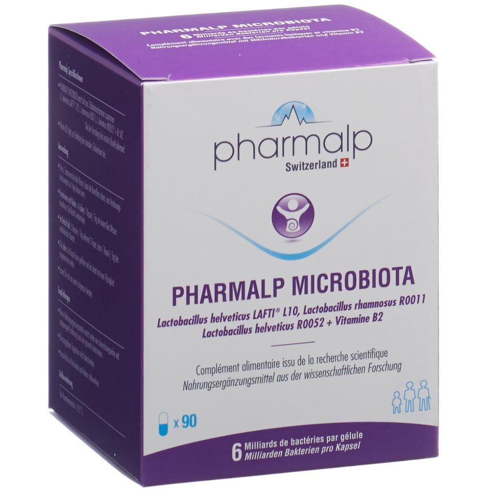 Lila-weiße Schachtel. Aufschrift: PHARMALP Microbiota. Enthält 90 Kapseln. 6 Milliarden Bakterien pro Kapsel. Schweizer Produkt.