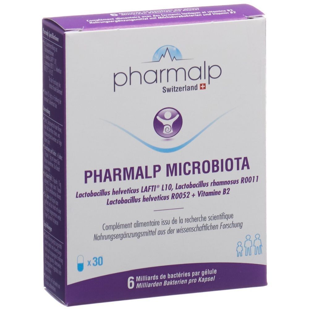 Lila Schachtel mit Produktnamen und Logo. Enthält 30 Kapseln. Text in Deutsch und Französisch.