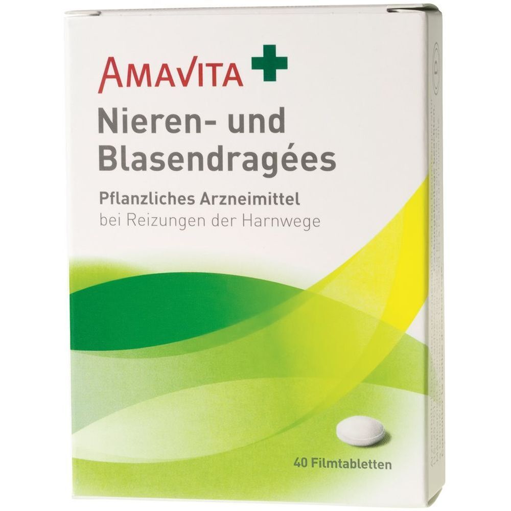 Verpackung von AMAVITA Nieren- und Blasendragées. Enthält 40 Filmtabletten. Grün-weiße Gestaltung mit Produktnamen und Logo.