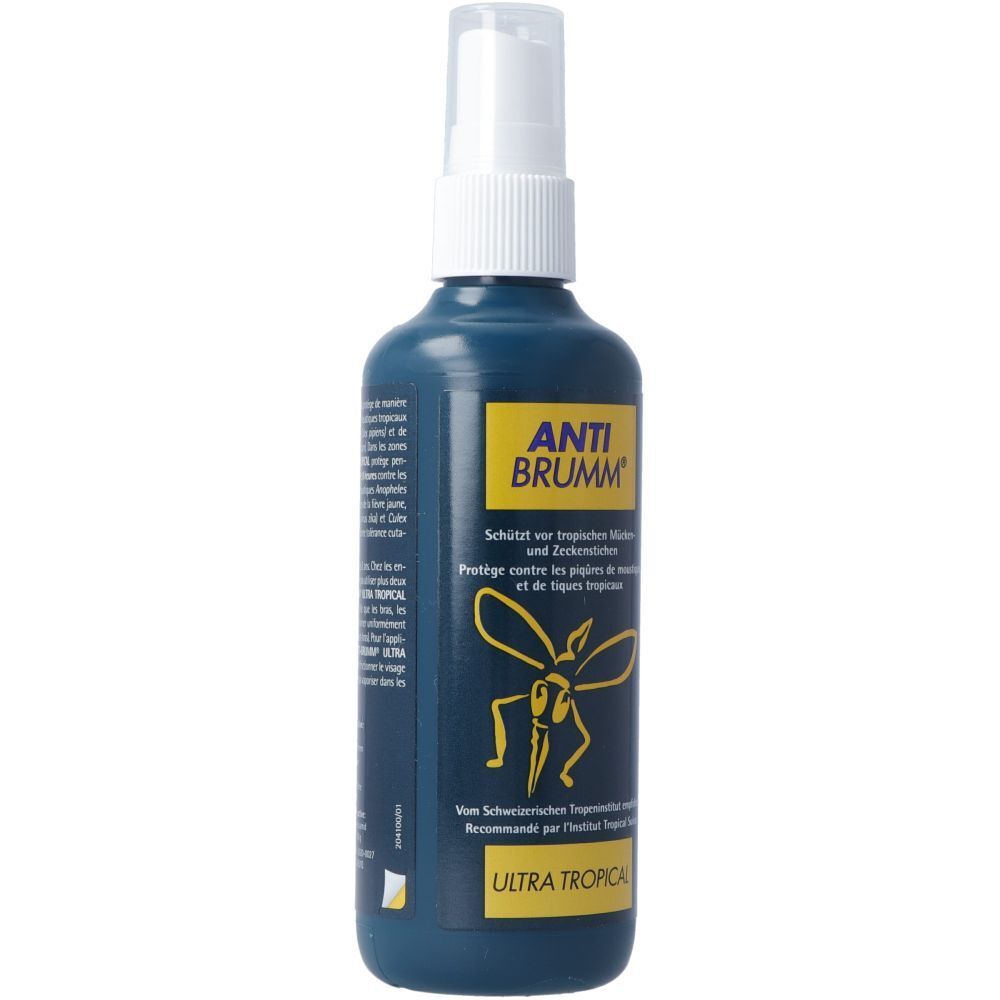 Blaue Sprühflasche mit weißem Sprühkopf. Gelbes Etikett mit Text und Insektengrafik. "ANTI BRUMM®" und "ULTRA TROPICAL" sichtbar.