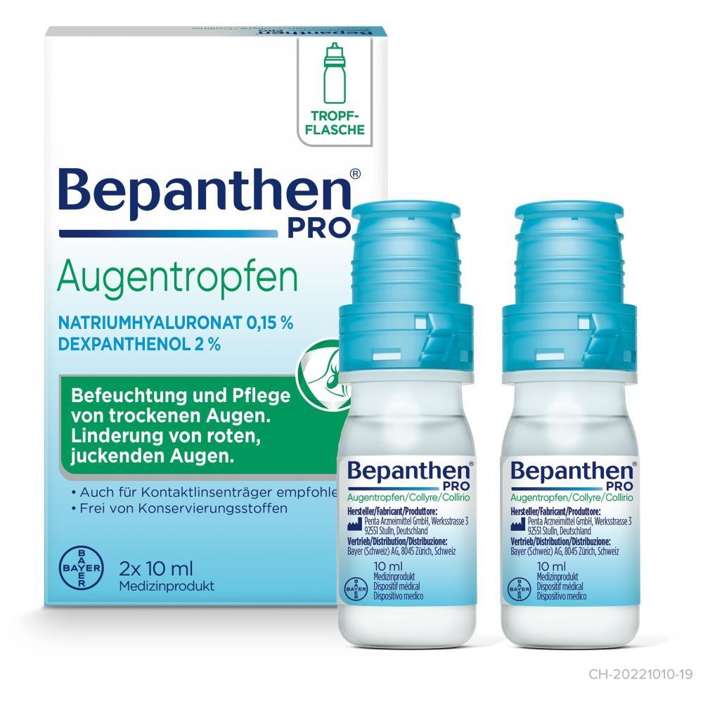Deux flacons et un emballage de Bepanthen® PRO Augentropfen Duo. Emballage avec nom du produit, ingrédients et zone d'application.