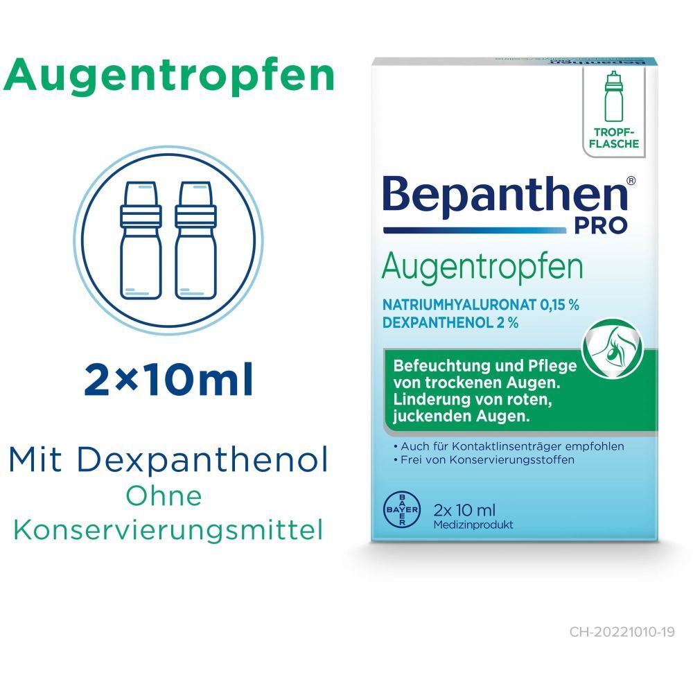 Graphique avec deux flacons de gouttes pour les yeux et un emballage. Texte : Avec dexpanthénol, sans conservateurs. Nom du produit et ingrédients.