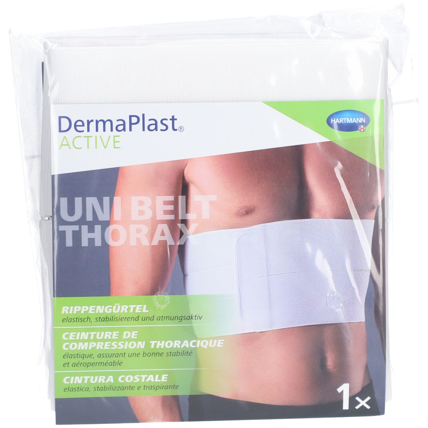 Emballage transparent. Ceinture thoracique blanche. Inscription: Dermaplast Active Unibelt Thorax. Illustration d'un homme portant la ceinture.