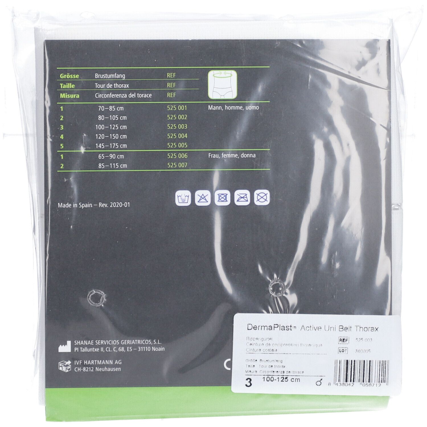 Dos de l'emballage. Indications de taille et symboles de lavage. Inscription: Dermaplast Active Unibelt Thorax. Taille 3: 100-125 cm.