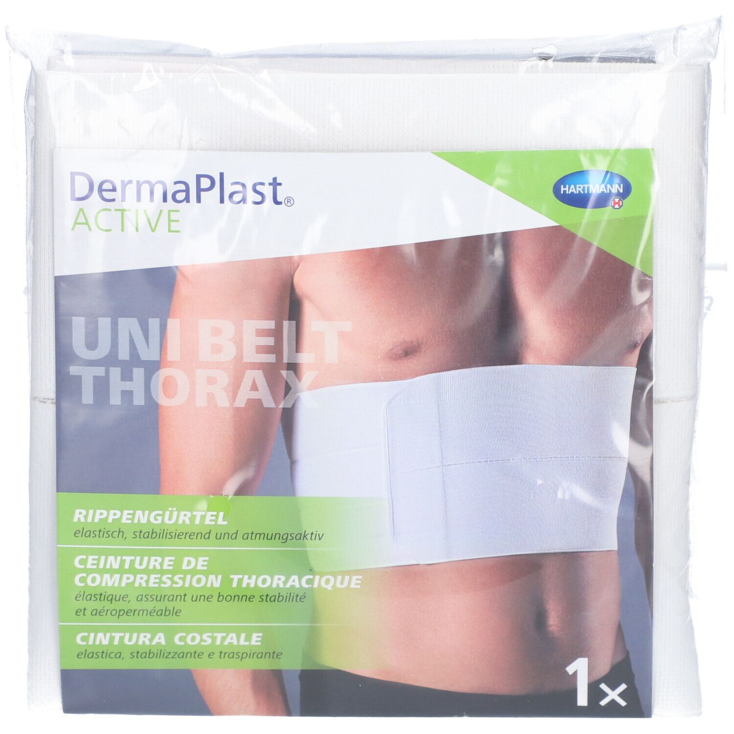 Verpackung mit weißem Dermaplast Active Unibelt Thorax. Aufdruck: Rippengürtel, Ceinture de compression thoracique, Cintura costale.