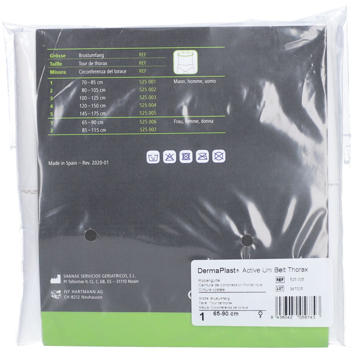 Rückseite der Verpackung mit Größenangaben für Dermaplast Active Unibelt Thorax. Größen: 65-90 cm, 85-115 cm.