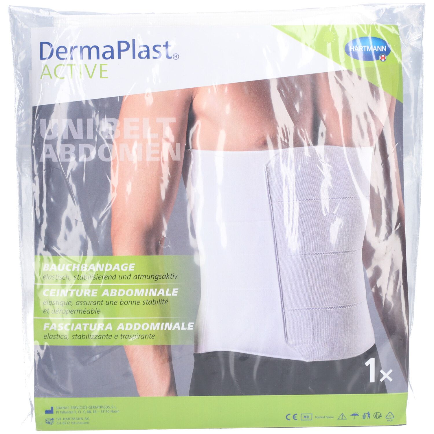 Verpackung mit weißem Bauchweggürtel. Text: Dermaplast Active, Unibelt Bauchweggürtel, Bauchbandage, 1x.