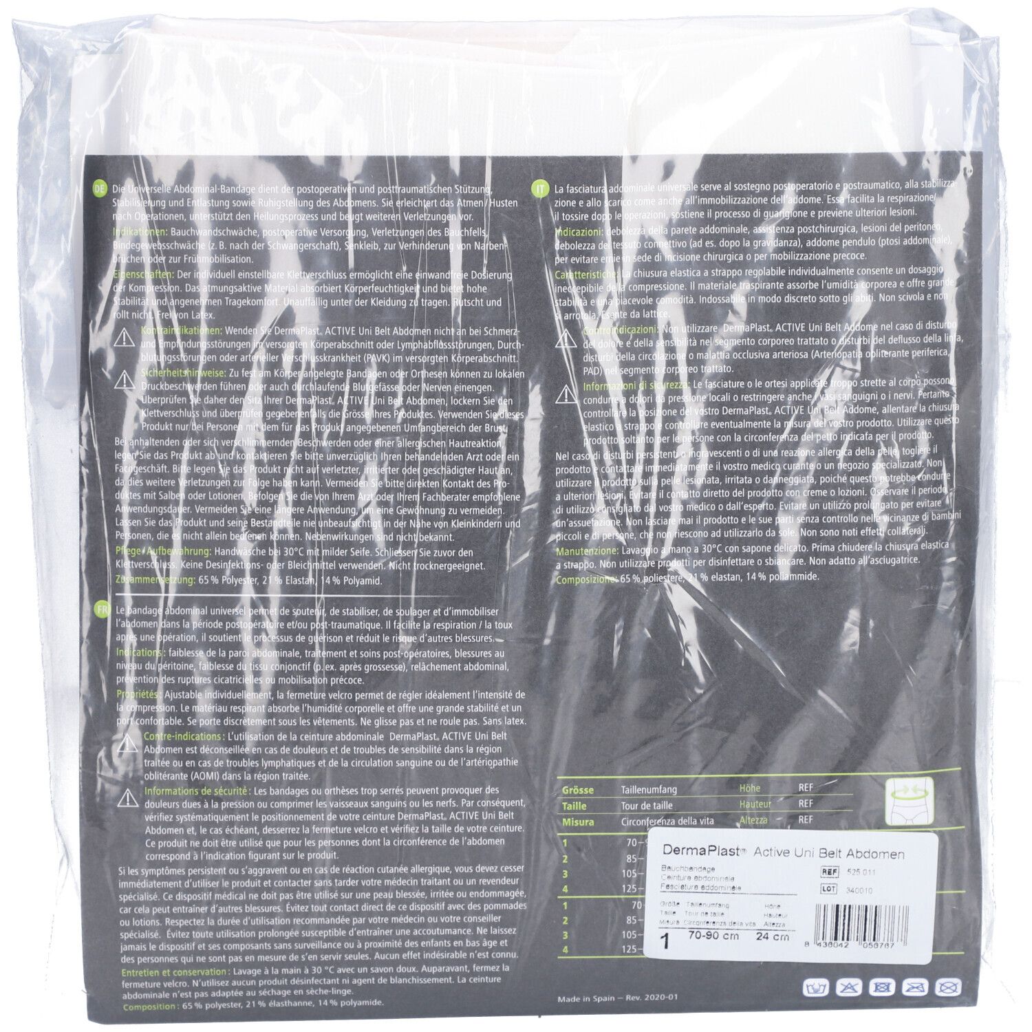 Rückseite der Verpackung mit Text und Tabelle. Text: Dermaplast Active Unibelt Abdomen, Größen.