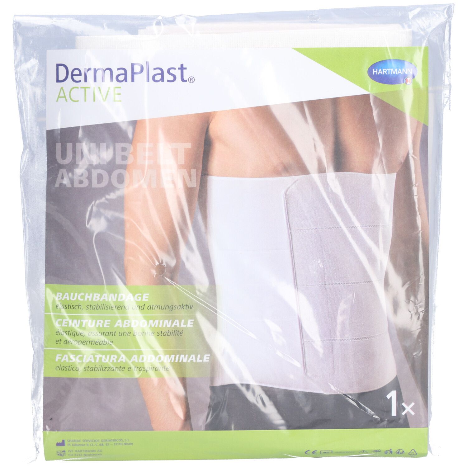 Verpackung mit weißer Bauchbinde. Text: Dermaplast Active Unibelt Abdomen. Größe 4, 125-150 cm. Sichtbare Marke: Hartmann.