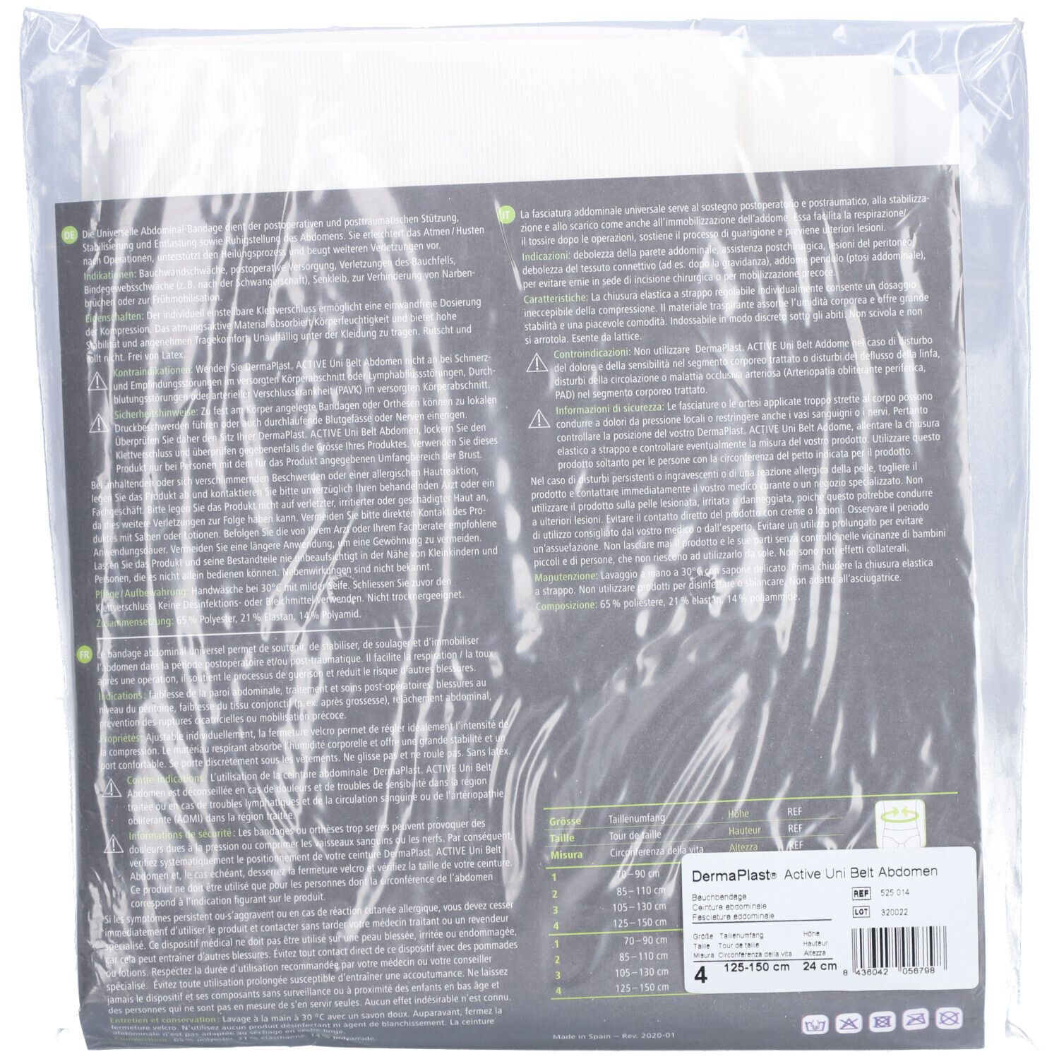 Verpackung mit Produktinformationen. Text: Dermaplast Active Unibelt Abdomen. Größe 4, 125-150 cm. Mit Barcode.