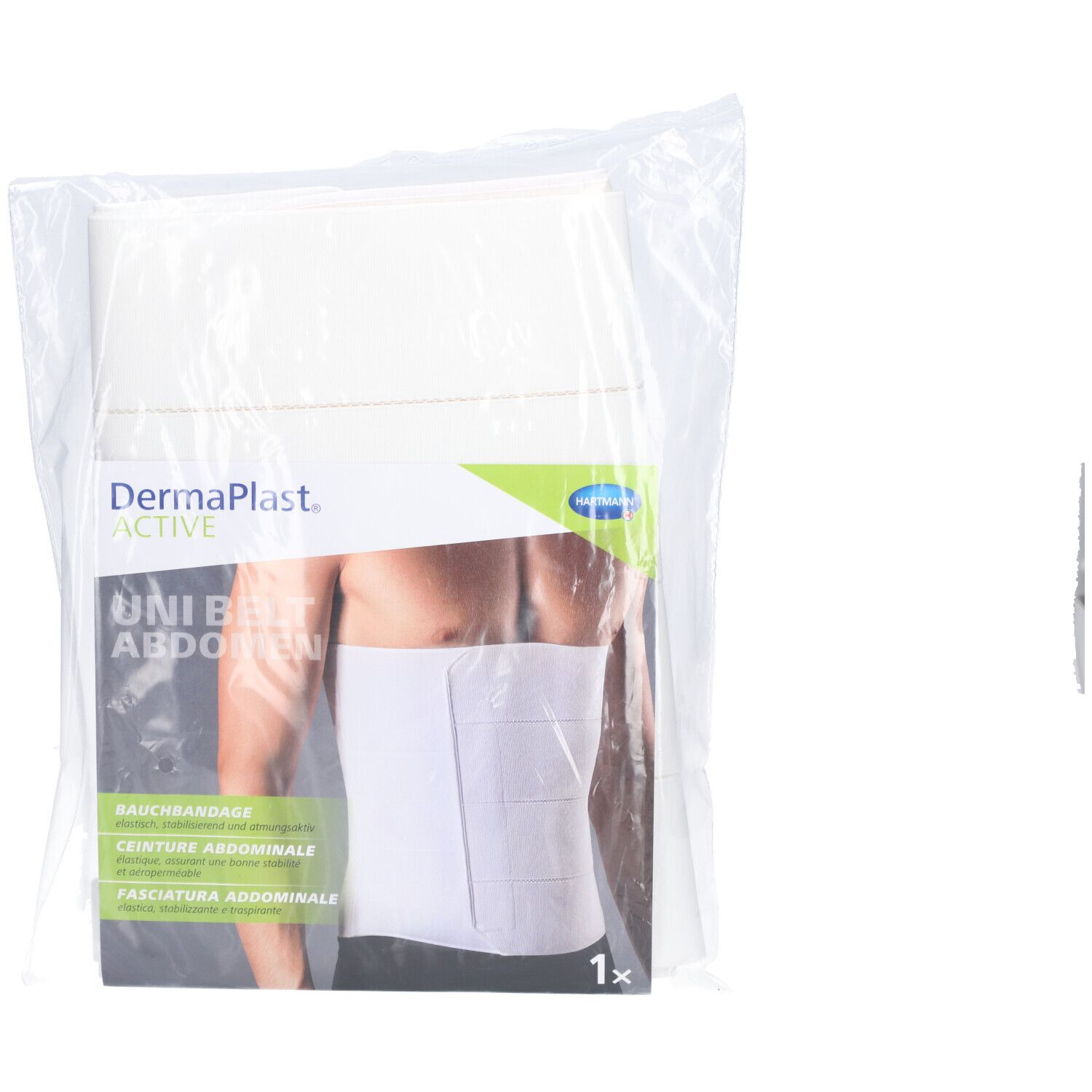 Verpackung mit Bauchband. DermaPlast Active Unibelt Abdomen. Weißes Band, Mann trägt es. Text in Deutsch, Französisch, Italienisch.