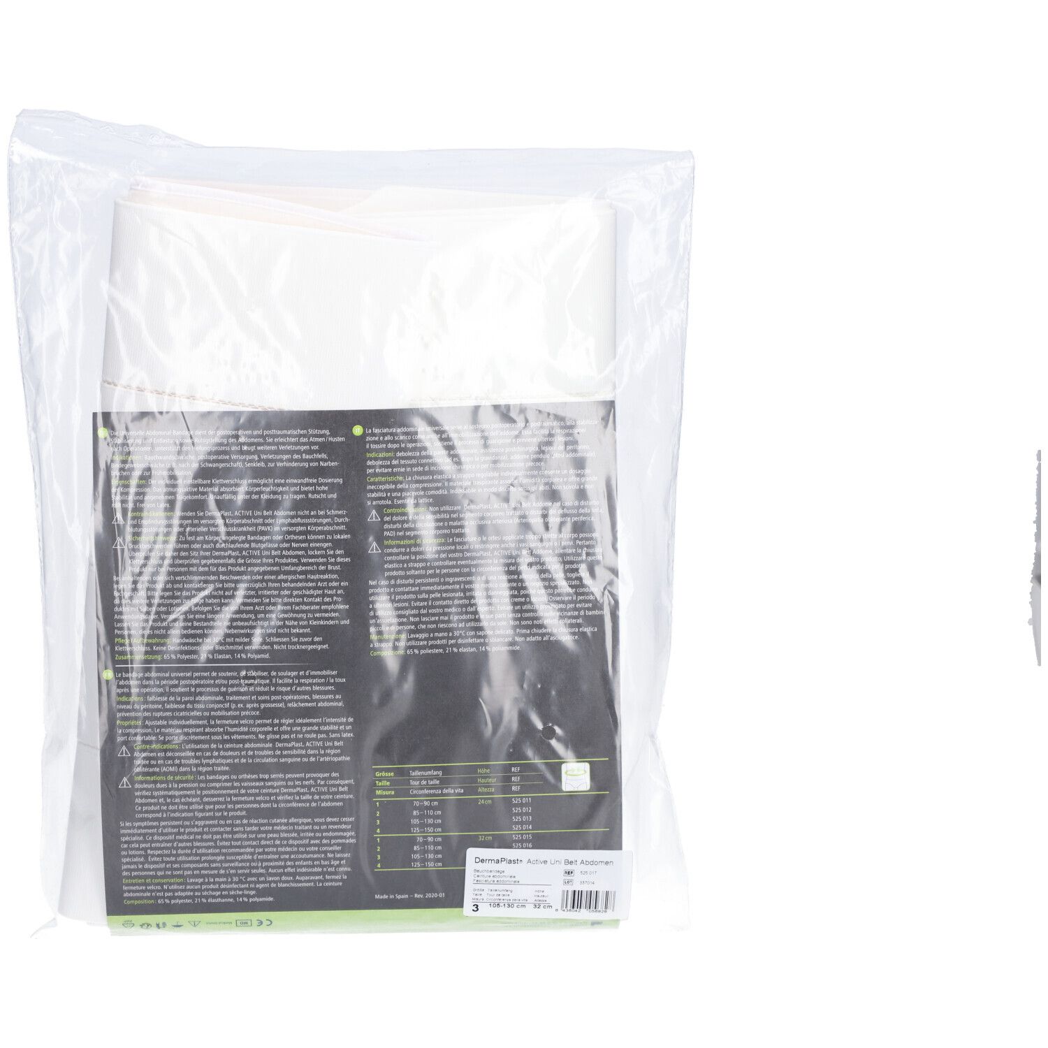 Rückseite der Verpackung. DermaPlast Active Unibelt Abdomen. Text und Größenangaben. Schwarzer Hintergrund, weißer Text.