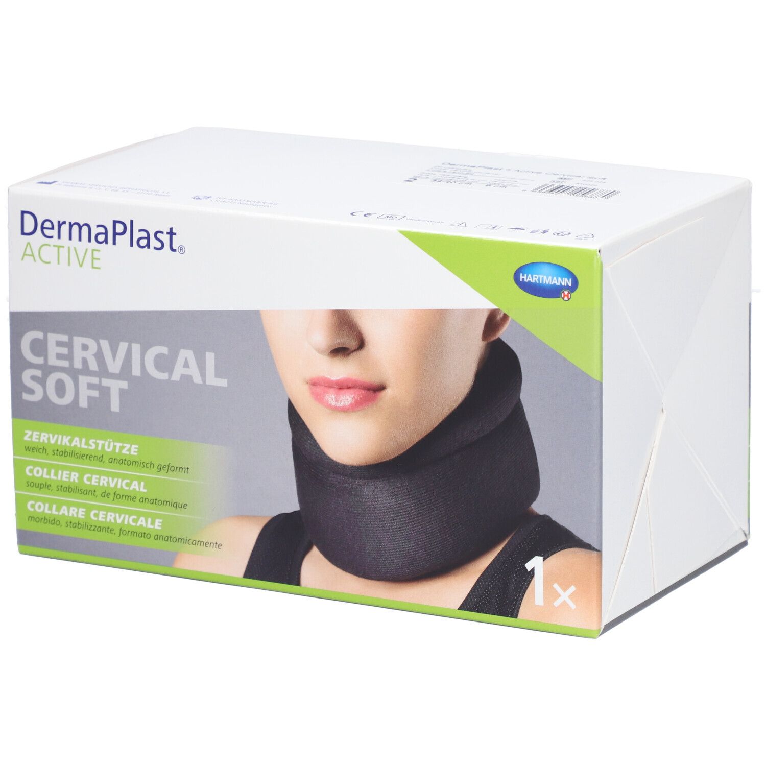 Verpackung mit Dermaplast Active Cervical Soft. Abbildung zeigt Halskrause. Marke und Produktbezeichnung deutlich sichtbar.